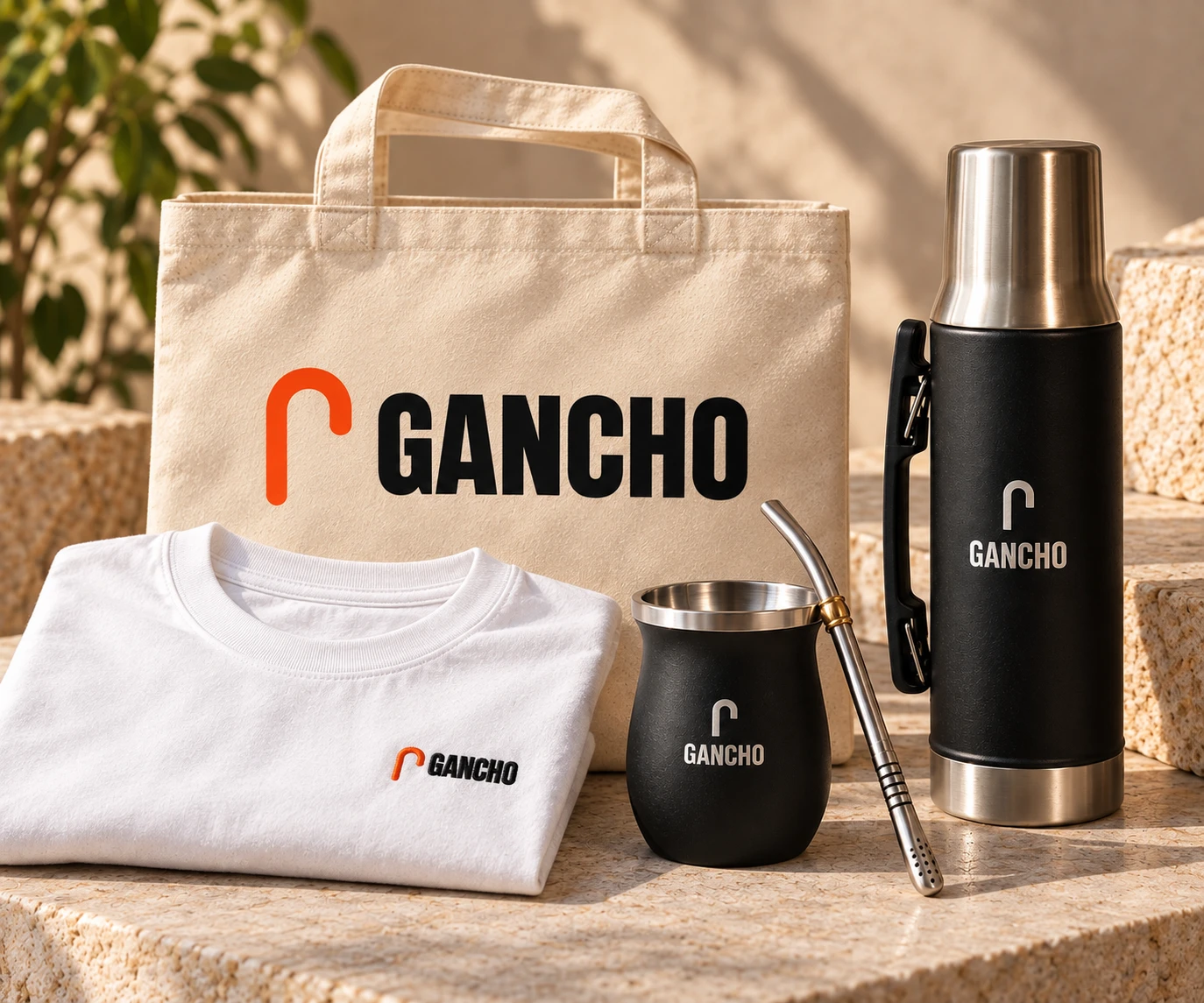 Box Argentina: remera bordada, mate y bombilla, termo, tote bag, caja Gancho y tarjeta