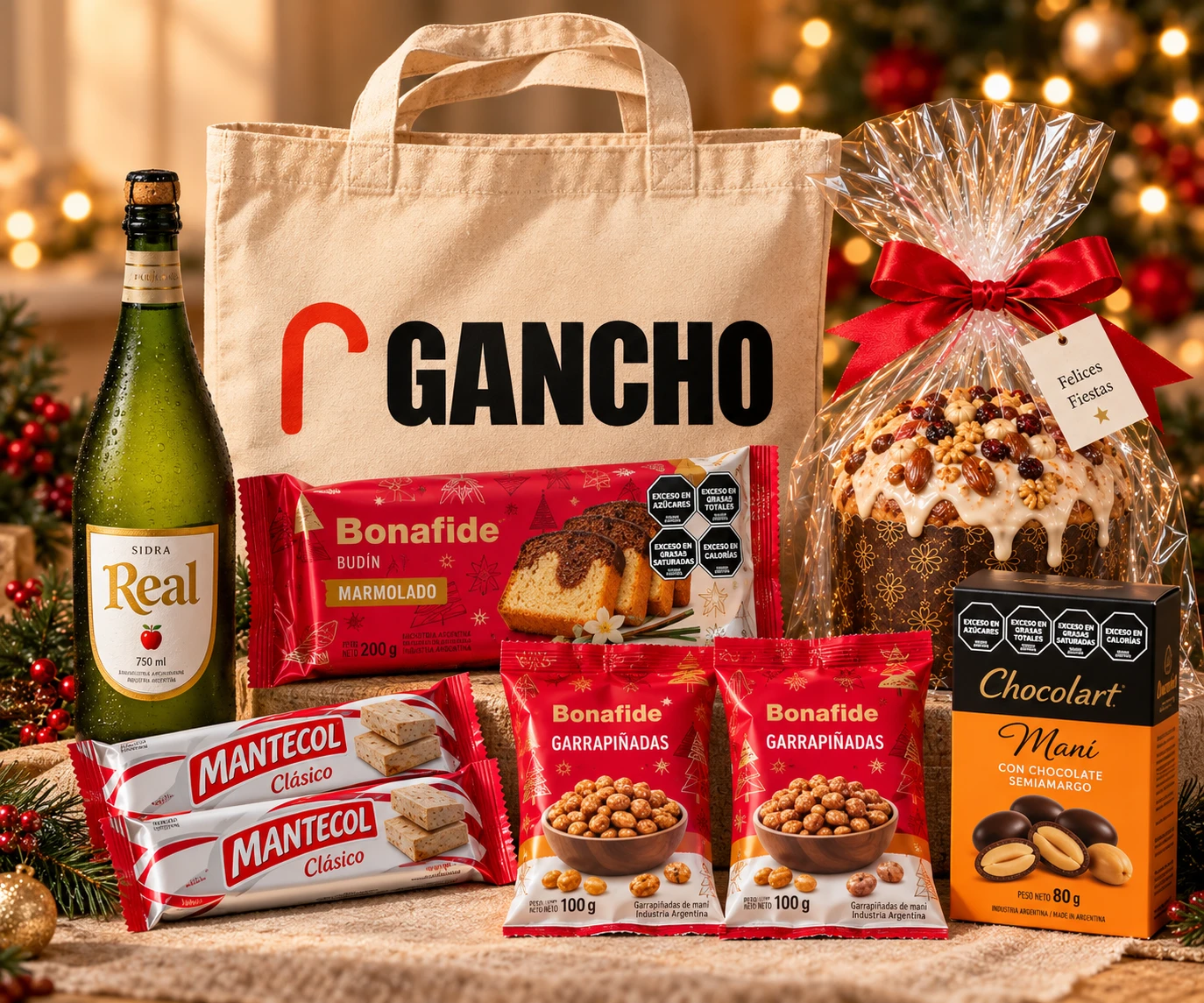 Box Nochebuena: tote bag estampado con pan dulce, sidra, budín marmolado, chocolates, Mantecol y garrapiñada